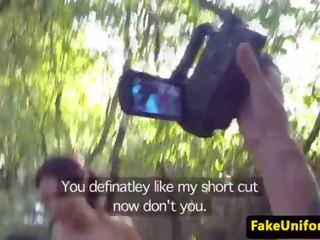 Brit cookie fucked by fake cop duo outdoors
