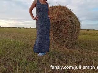 Ja blesk zadok a kozy v a polia zatiaľ čo harvesting hay