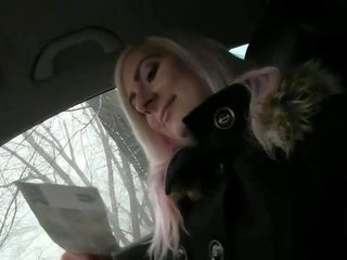 Blonde deepthroating huge phallus in car in public